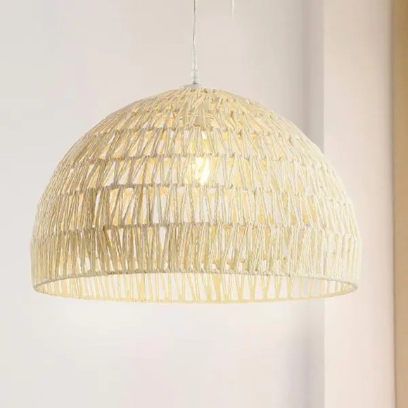JONATHAN Y Campana 20 in. Woven Rattan Dome LED Pendant, Cream, NWT. - Picture 2 of 8